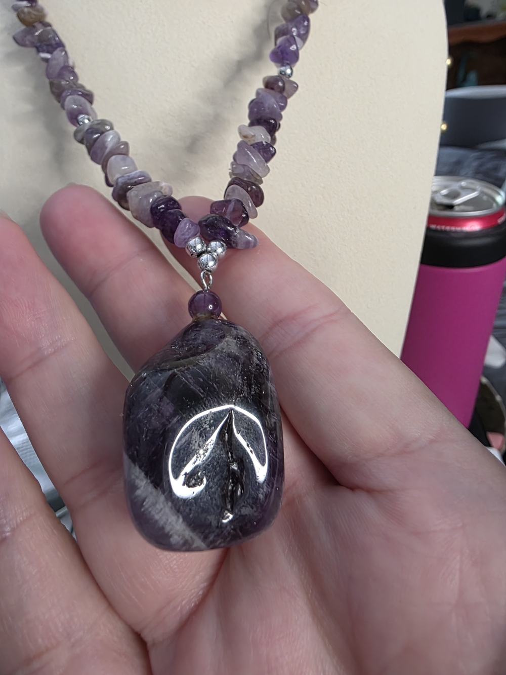 Amethyst Chip Bead Necklace with Dark Amethyst Pendant Silver Tone Hardware - Picture 3 of 10
